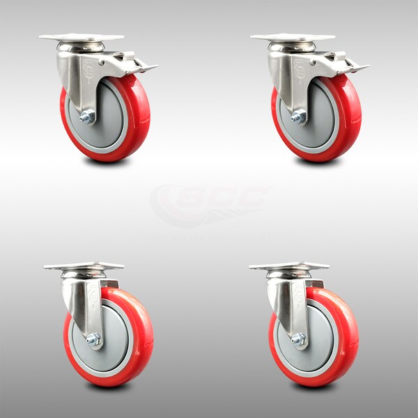 Service Caster 5 Inch 316SS Red Polyurethane Wheel Swivel Top Plate Caster Lock Brakes, 2PK SCC-SS316TTL20S514-PPUB-RED-2-S-2 - main